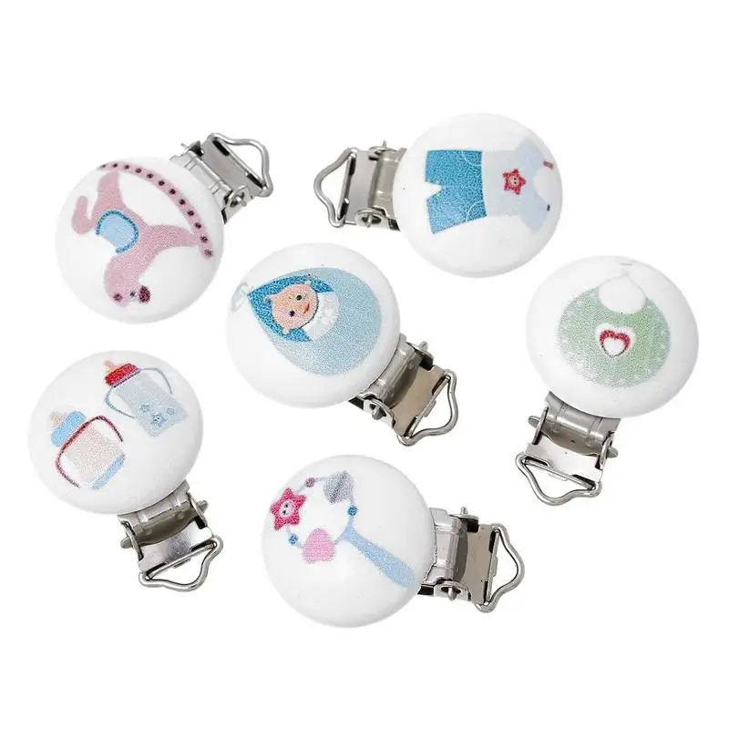 

5Pcs Random Color Cute Pattern Wood Pacifier Clip For Baby Metal Soother Holders For DIY Craft