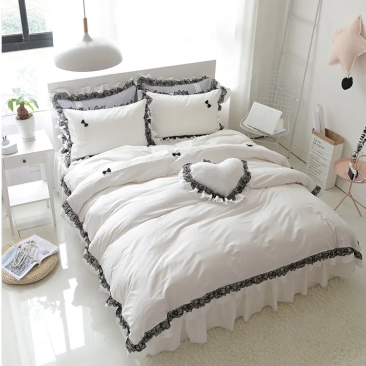 Free shipping Korean princess lace&cotton solid color bed skirt twin full queen king size bedding no filler duvet cover set 