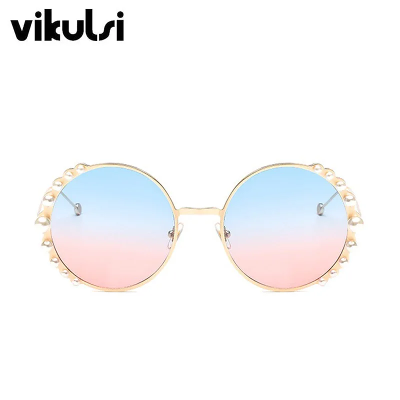 Luxury Beads Round Sunglasses Women Fashion Alloy Frame Brand Pearls Designer Sun Glasses For Female Brown Shades UV400 New - Цвет линз: D549 blue pink