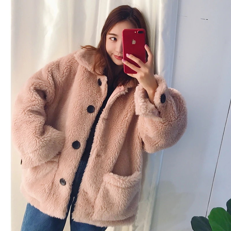 Flash Deal Women Wool Coats 2018 Fashion Winter Lambs Fur Loose Big Code 100%Wool  Overcoat   Fur Multiple Colors 5