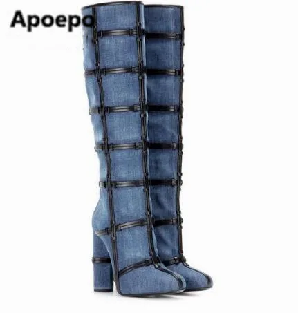 Motocicleta Marca Y Moda Señoras Altos Azul Botas Nueva Mujeres De Tacones 2017 Negro Invierno Muslo 6ggRfv