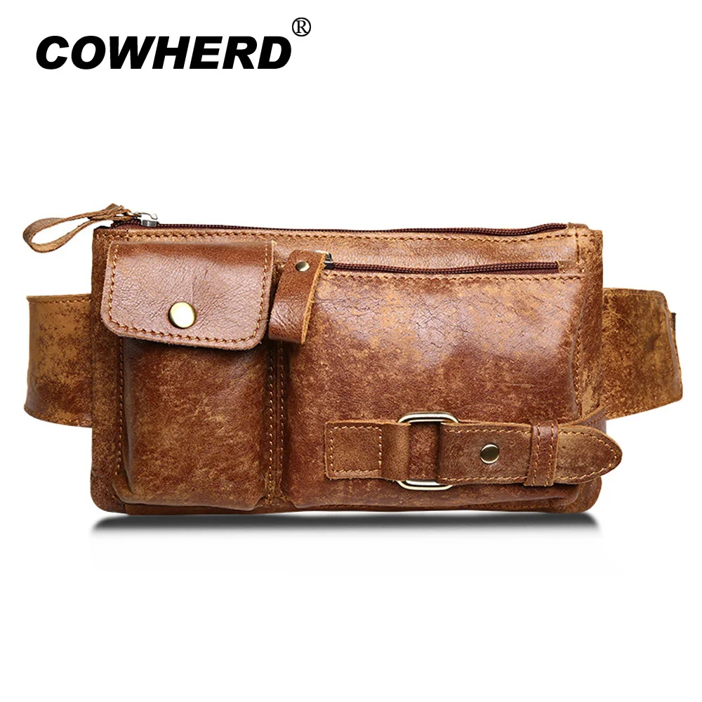 COWHERD Men Genuine Cow Leather Waist Bag Casual Belt Bag Vintage Phone Pouch Bags Travel Waist