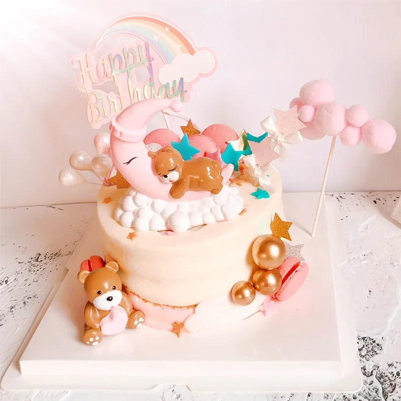 Moon Sleeping Bear Cake Topper Resin Happy Birthday Cake Toppers