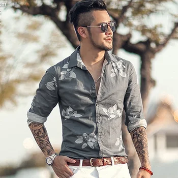 

Men new spring long sleeve printed black flower shirt metrosexual man summer casual shirt slim cotton England style shirts S817