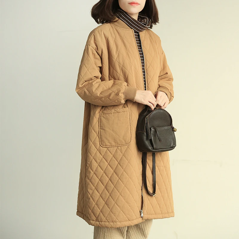 TongKou зимнее Свободное длинное стеганое пальто, Женское пальто большого размера, плотный клетчатый бейсбольный хлопковый костюм с воротником
