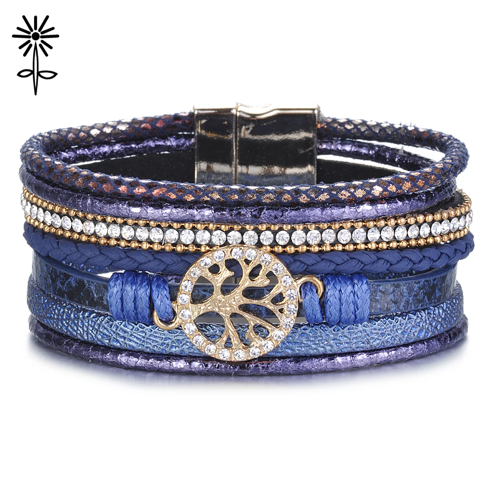 

Magnet Clasp Leather Bracelets Jewelry for Women Multi-layer Leather Rope Rhinestone Tree Charms Bangle Accessories B-014