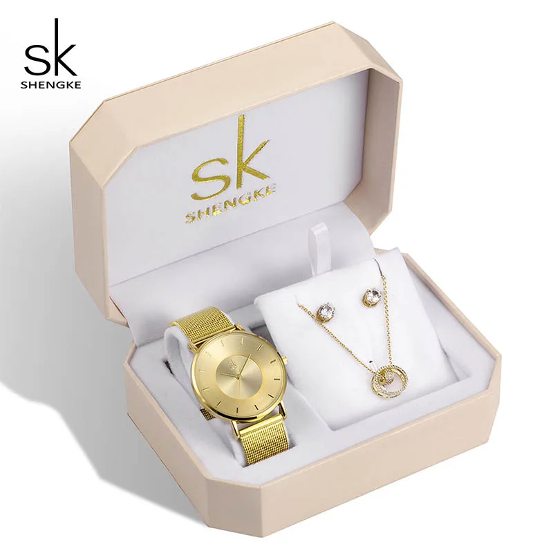 

Shengke Luxury Creative Women Gold Set Crystal Earrings Necklce With Ladies Quartz Watch 2019 Women Bracelet Watches Set Gifts