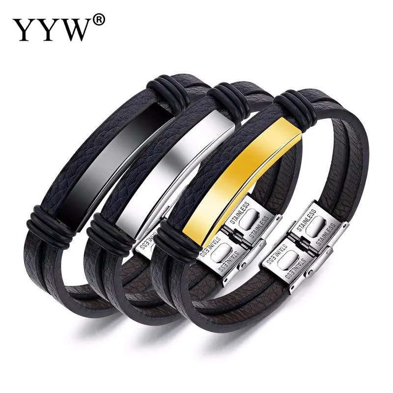 

YYW 2019 Mens Leather Bracelet Flat Punk Luxury Style Male Thin Minimalist Black Double Chain Link Wrap Wrist For His Jewelry