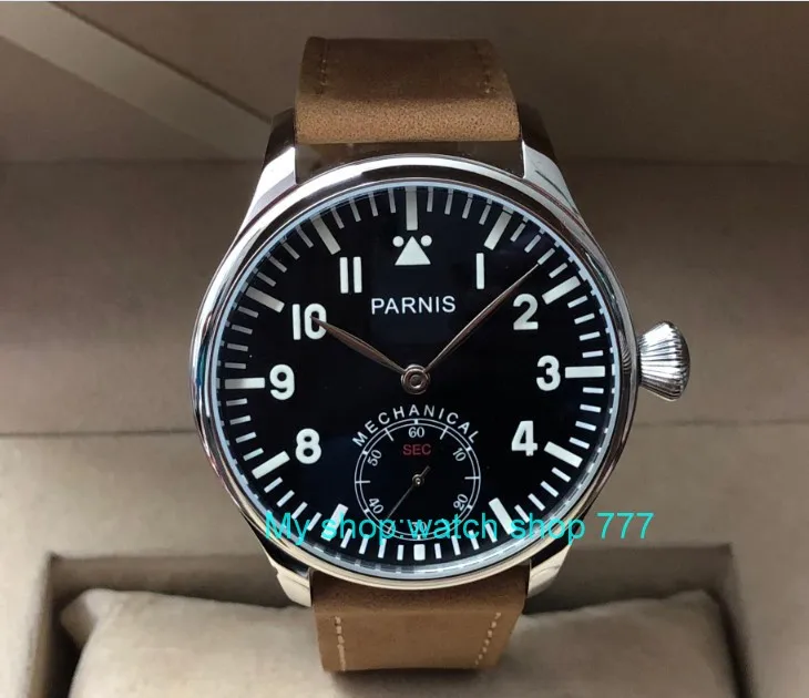 

44mm PARNIS Pilot Asian 6498 Mechanical Hand Wind movement Mechanical watches black dial men's watches wholesale PA75-8