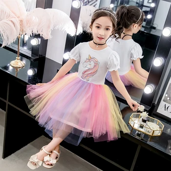 

Summer girls dress Kids tutu dress children tee dress baby vestidos fashion unicorn print rainbow striped mesh 3 to 14 yrs