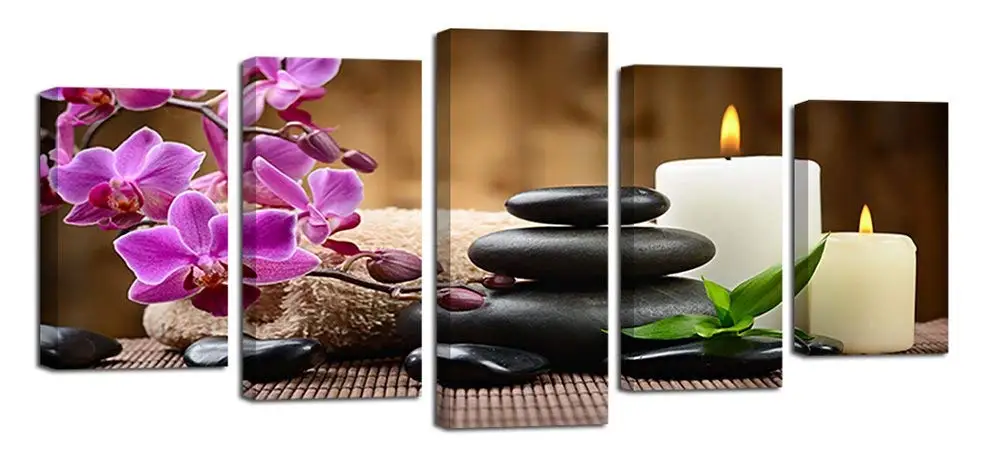 Ardemy Zen Canvas Wall Art Spa Black Stone Orchid 5 Panels Pictures Prints, Modern Peaceful Painting Framed for Living Room Bedroom Bathroom Home Hair Nails Salon Decor