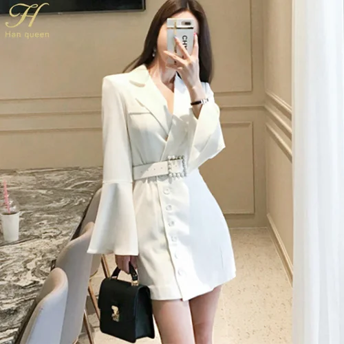 H Han queen, корейское модное облегающее платье, для женщин,, Осеннее, однотонное, одежда для работы, Бизнес Стиль, платья-карандаш, Сексуальные облегающие платья - Цвет: White
