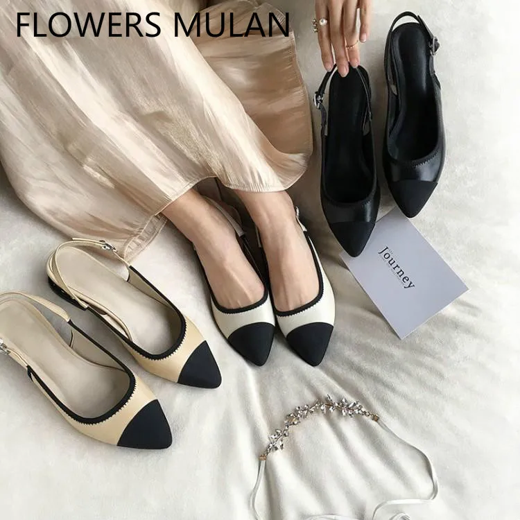 

Mixed Color Brand Women Sandals Black Pointed Toe Beige Cover Shoes Woman Back Strap Chain Chunky Heels Zapatos De Mujer Slip On