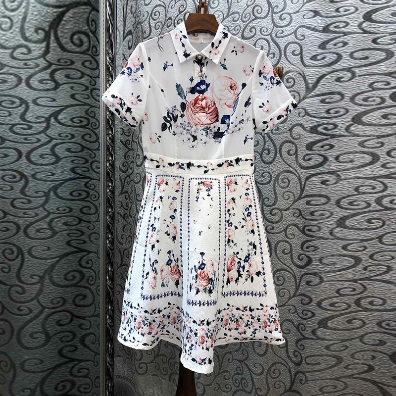 

European Summer Elegant Rose Flower Printed A-line Mini Dress 2019 Women Short Sleeve Designer Runway Dress vestido