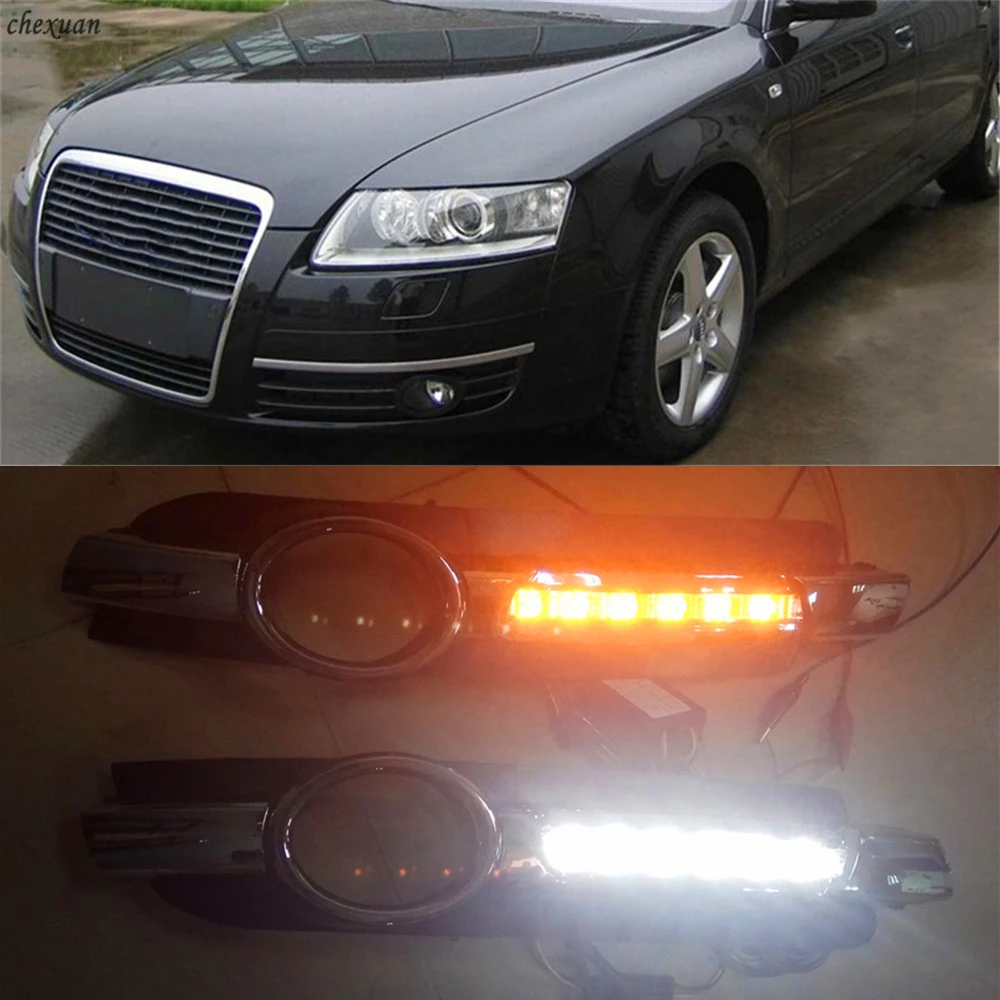 

CSCSNL 2Pcs For AUDI A6 C6 2005 2006 2007 2008 LED DRL Daytime Running Lights 12V ABS Fog Lamp Hole With Yellow Turn Signal