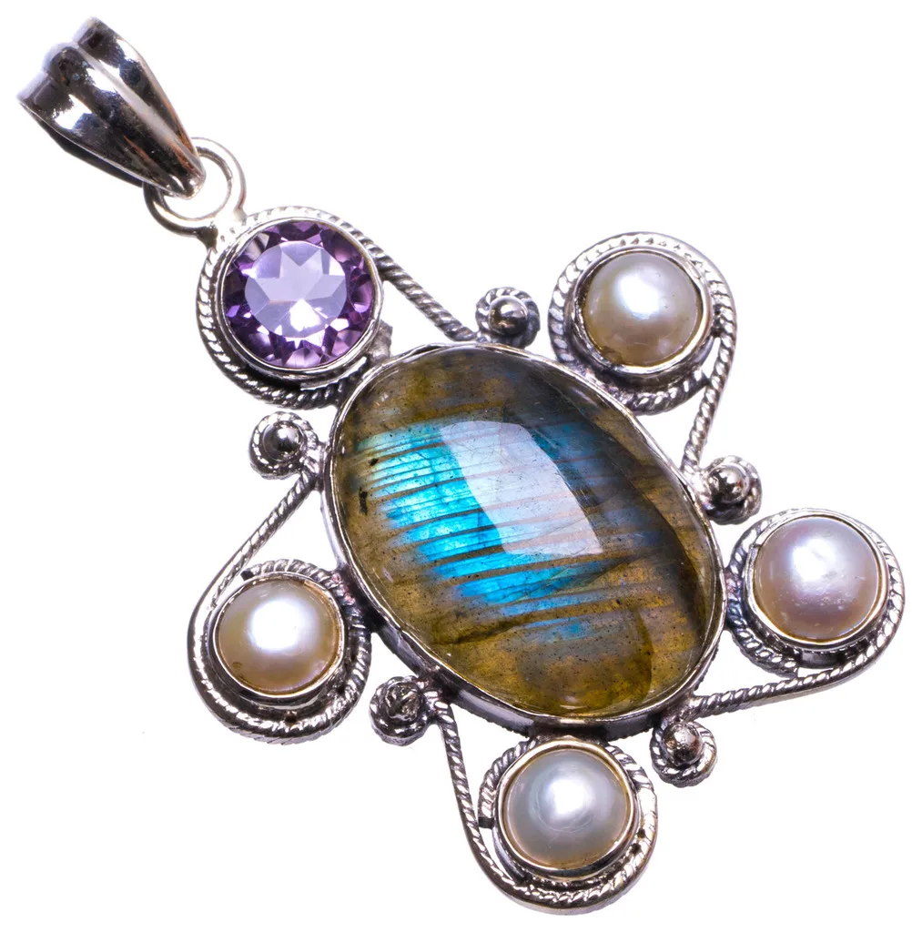 Blue Fire Labradorite River Pearl and Amethyst Handmade Unique 925 Sterling Silver Pendant 1.75&quot X1419 | Украшения и