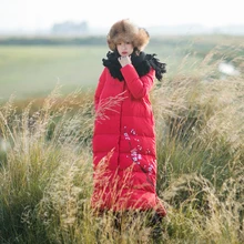 Зимняя одежда художественный Ретро плотный теплый длинный белый пуховик с пухом, раскрашенный вручную