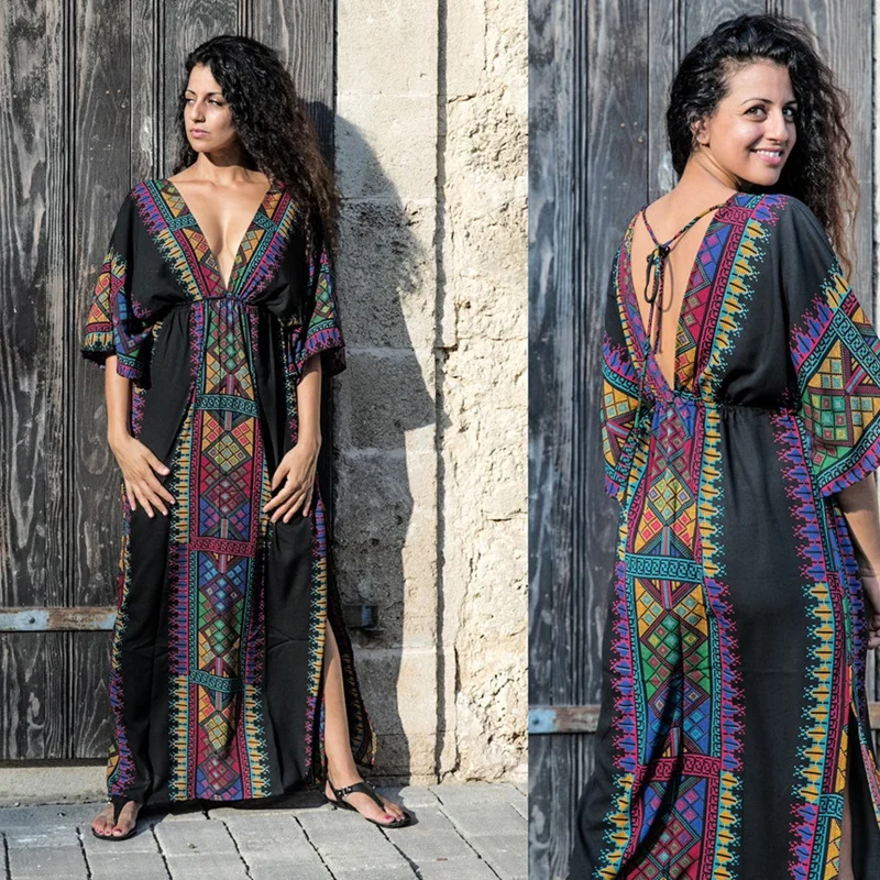 

Boho Chic Ladies Dresses Mexican Print V Neck Slit Short Sleeve Tropical Dress Hippie Beach Kaftan 2019 Summer Dresses AA4758