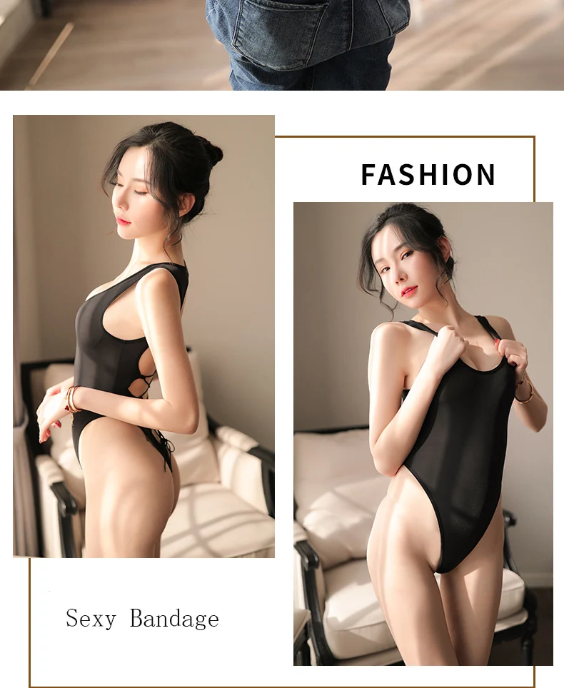 Женский сексуальный бандажный цельный облегающий боди, без рукавов, u-образный вырез, открытая спина, комбинезон, японский стиль, купальник, прозрачное боди