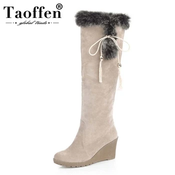 

TAOFFEN 2018 New Wedge High Heels Knee-high Boots Woman Wedegs Shoes Warm Plush Fur Winter Snow Boots Shoes Women Size 34-43
