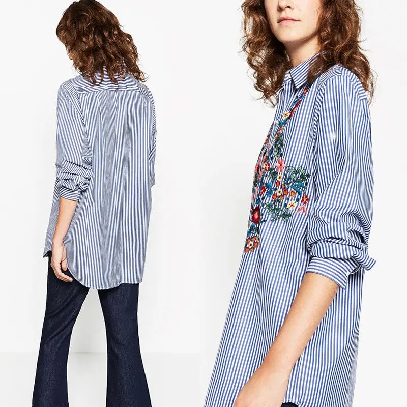 Vente 2017 Nouveau Occasionnel de Coton Femmes Floral Brodé Blouse Automne Casual Manches Longues Rayé Shirt Tops Taille S XL
