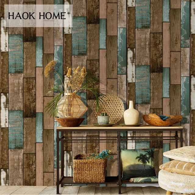 HaokHome Vintage 3d Wood Grain Vinyl Wallpaper Rolls Tan/Brown/Grey