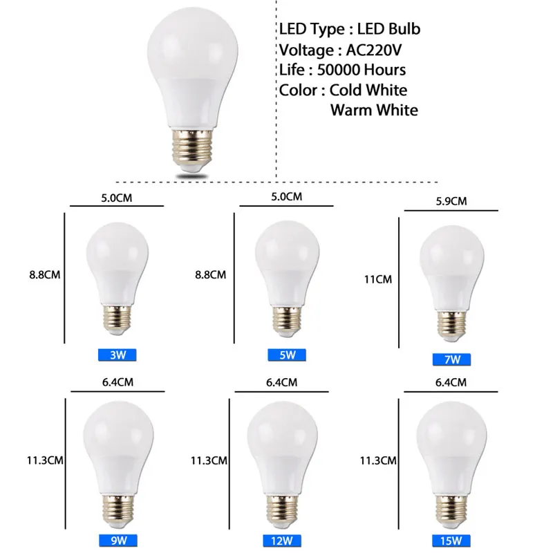 Bombilla LED de alta calidad de vatios Real E14 E27 lámpara LED 7 W 9 W 12 W 15 W Eco 5 W 2835 V SMD 220 5730 luces LED Lampara Bombilla ampolla