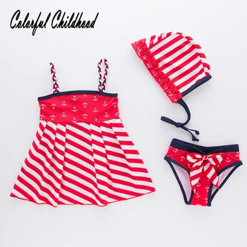 

Sailor style baby girls bikini summer cute red white stripe tops+underwear+hat 3pc sets toddler kids bathing suit