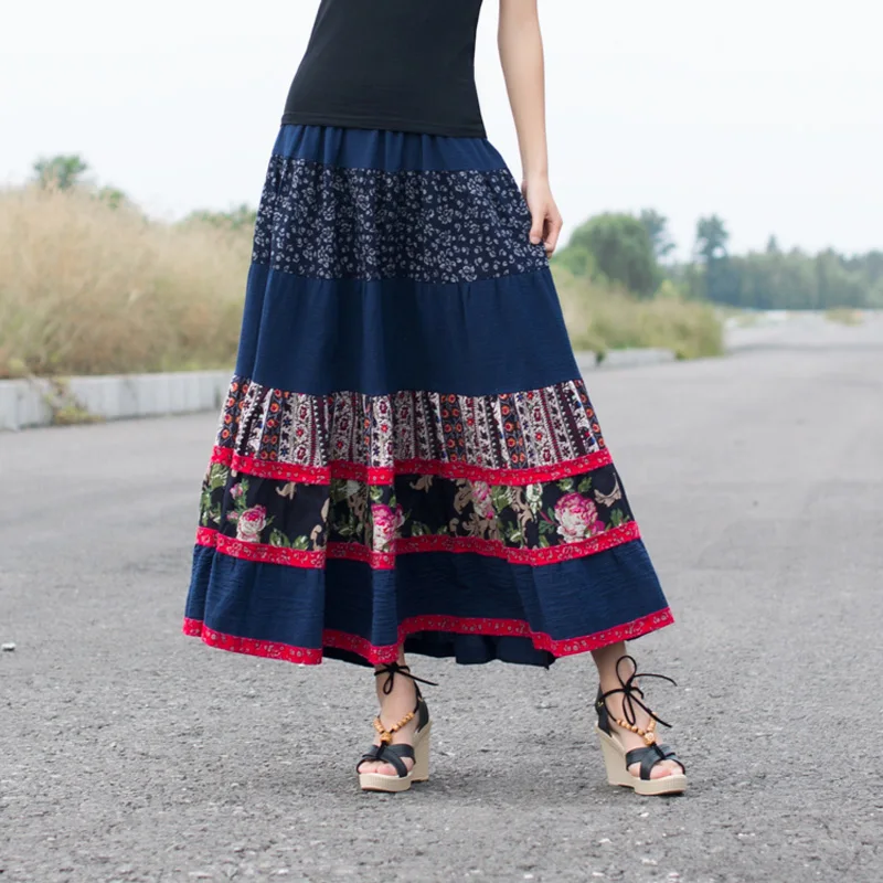 Осень лето Ретро Роман Повседневное цветочный узор шить плиссированные хлопок белье женские длинные юбки женские/юбка макси женские