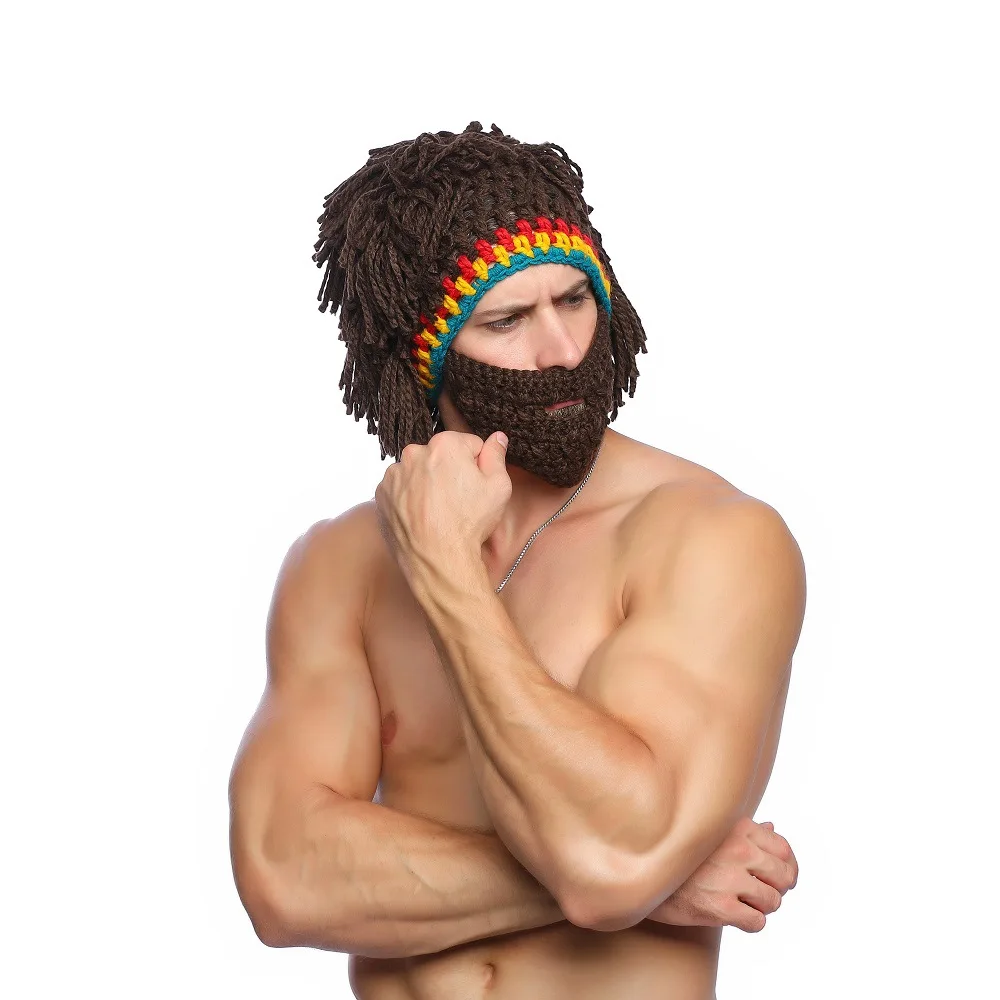 Wig Beard Hat  Caveman Bandana Handmade Crocheted Winter Men's Halloween Costume Funny Birthday Gifts