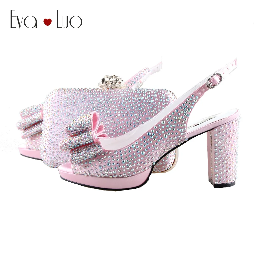 

BS953 Custom Handmade Light Pink AB Crystal Bow Slingbacks Shoes with Matching Bag High Heels Women Shoes Bridal wedding Shoes