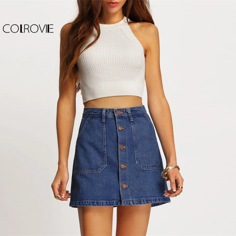 

COLROVIE Blue A-line Button Through Denim Skirt Mid Waist Above Knee Shift Skirt With Pocket Women Casual Short Skirt