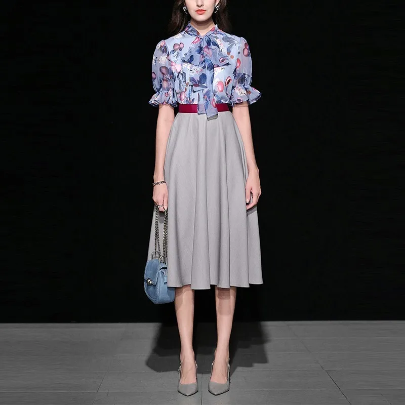 

2019 New Women Summer two Pieces Suits Chiffon Print Bow Neck Blouses And Solid A-line Skirts Office Wear Set ensemble femme