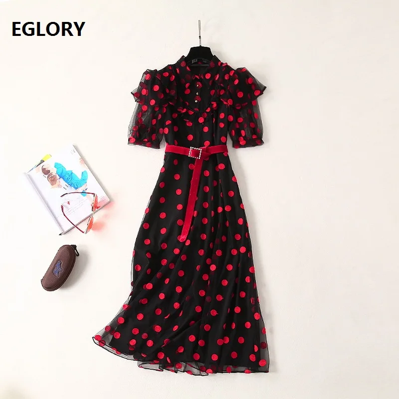 

Novia Party 2019 Summer Fashion Women Turn-down Collar Polka Dot Mesh Embroidery Short Sleeve Mid-Calf Dress With Beading Belts