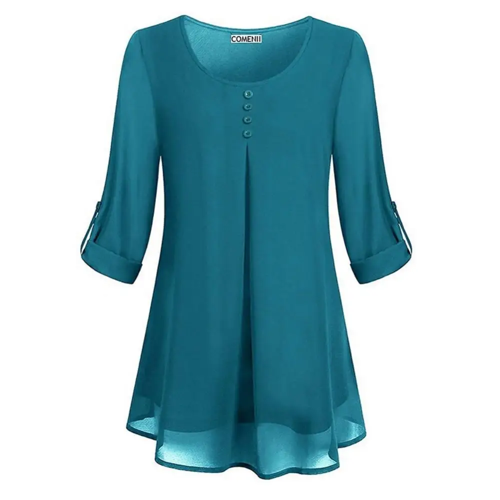 

Plus Size S-8XL Women Casual Solid Color Tops Adjustable Half/Long Sleeve Button Shirts Round Neck T-shirts Loose Chiffon Blouse