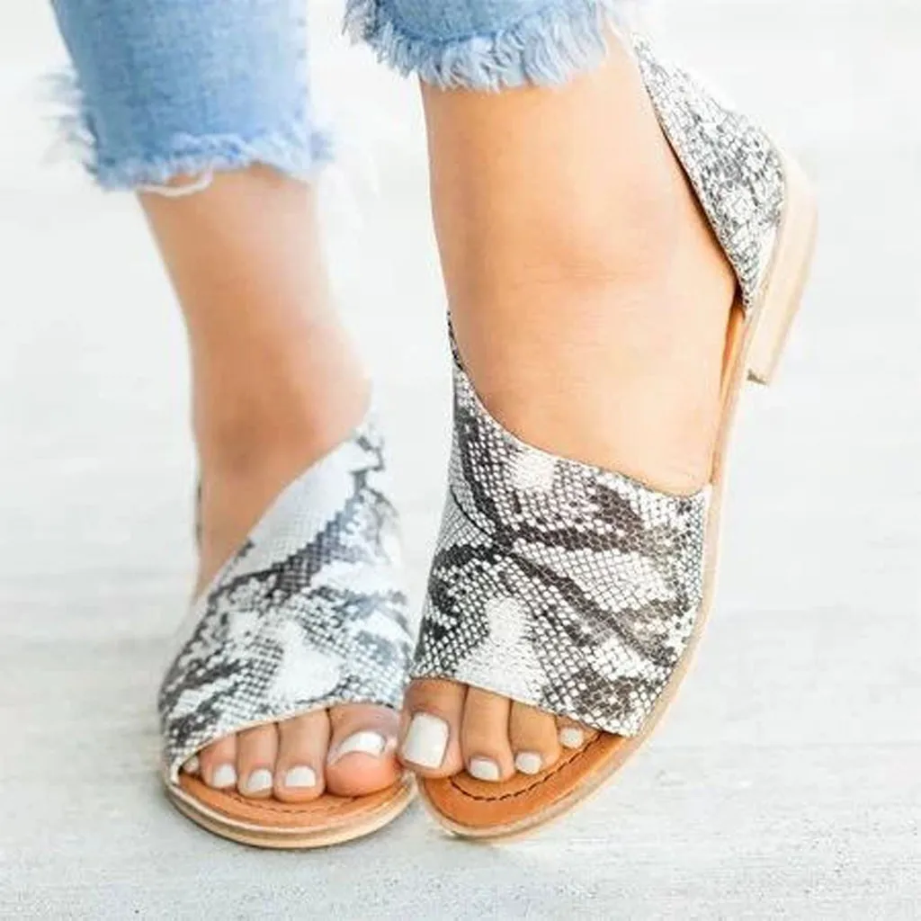 

MUQGEW Snake Print Sandals Women Summer Shoes Footwear Fashion Casual Shoes Side Open Cover Heel Retro Peep Toe Beach Sandals