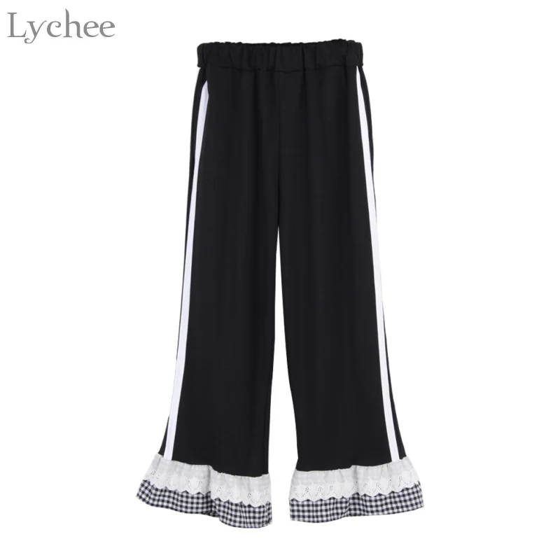 Lychee Spring Autumn Women Pants Side Stripe Lace Wide Leg