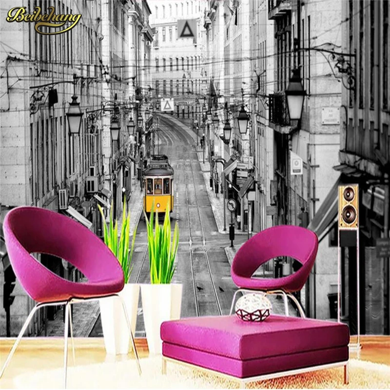 

beibehang Custom Photo Wallpaper Mural Wall Sticky Retro London Street Yellow Bus Continental Background Wall papel de parede