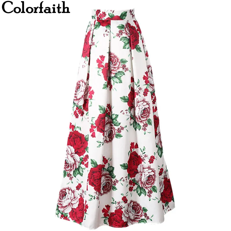 

Colorfaith 2017 Satin Women 100cm Flared Maxi Skirts Retro Floral Printed Pleated Floor-Length Puff Long Skirts Tutu Saias SP036