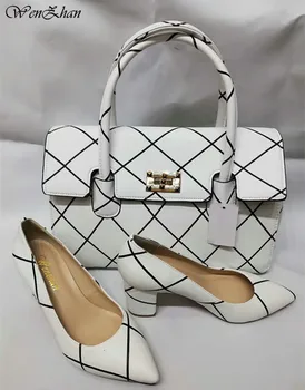 

WENZHAN Soft Heels Women Sexy Pumps With Handbag Sets Unique Style White Color Thin Heel Pointed Toe Soft Shoes With Bag A84-17