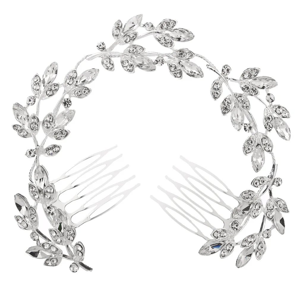 Popular flower leaves luxurious bride long head ornament alloy full drill Comb Wedding bride silver plated hair accessories