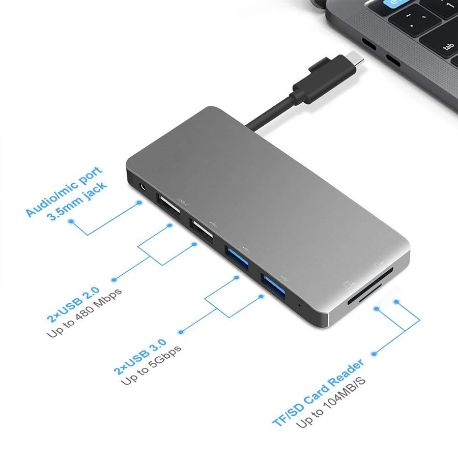 7 в 1 USB-C 2,0*2 тип-c концентратор порт 4K к USB 3,0*2 для Lightning аудио/Mic порт 3,5 мм разъем адаптер с SD/TF концентратор-картридер