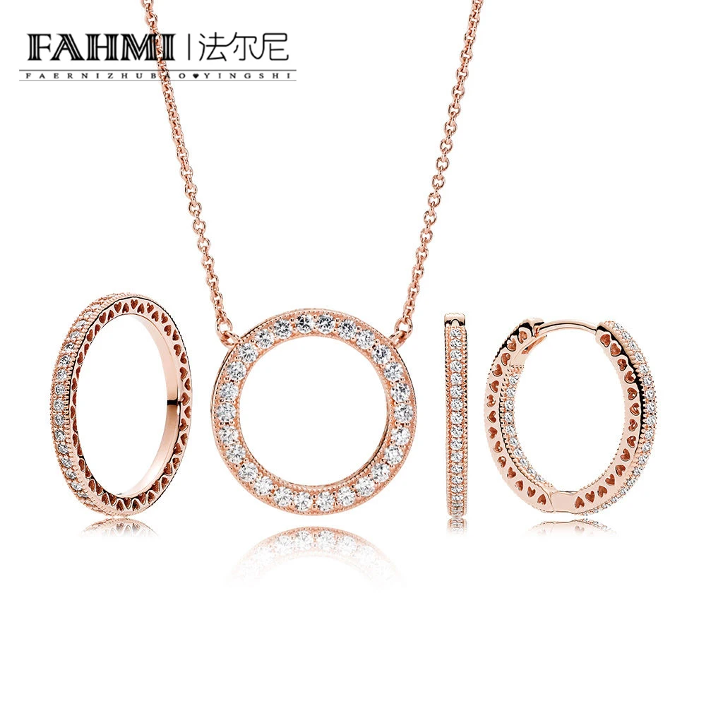 FAHMI YCS 100% 925 Sterling Silver Rose Radiant Hearts Gift Set Necklace Charms rings Fit DIY Original Jewelry A Set FAHMI YCS 100% 925 Sterling Silver Rose Radiant Hearts Gift Set Necklace Charms rings Fit DIY Original Jewelry A Set