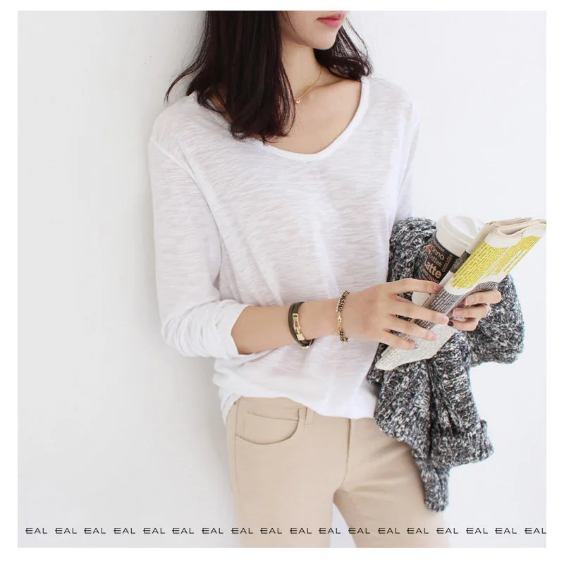 

Spring and autumn ladies new solid color round neck T-shirt Korean version of loose long-sleeved bottoming shirt