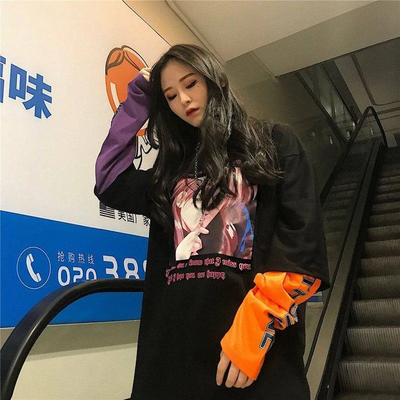 

Cool Cartoon T-Shirt Men 2019 Brand Hip hop Splicing Tee Top Casual Fake Two Pieces Long Sleeve Streetwear Men Amine T Shirt