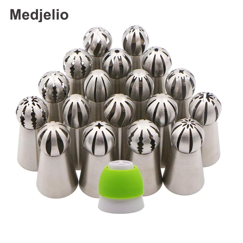 

18PCS Globular Russian Ball Nozzles Cupcake Icing Piping Tips Cream Torch Pastry Tube Cake Decorating Tools Free 1 Pcs Coupler