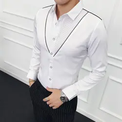 Контрастная окантовка v-образной формы плиссирующая рубашка Свадебная вечеринка Клубная рубашка приталенная рубашка с длинными рукавами