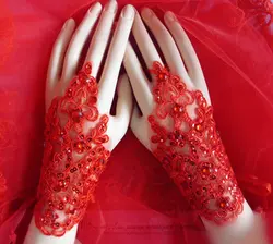Свадебные Перчатки 2018new Корейская короткая заметка кружева свадебные перчатки без пальцев белый с красным со стразами Свадебные