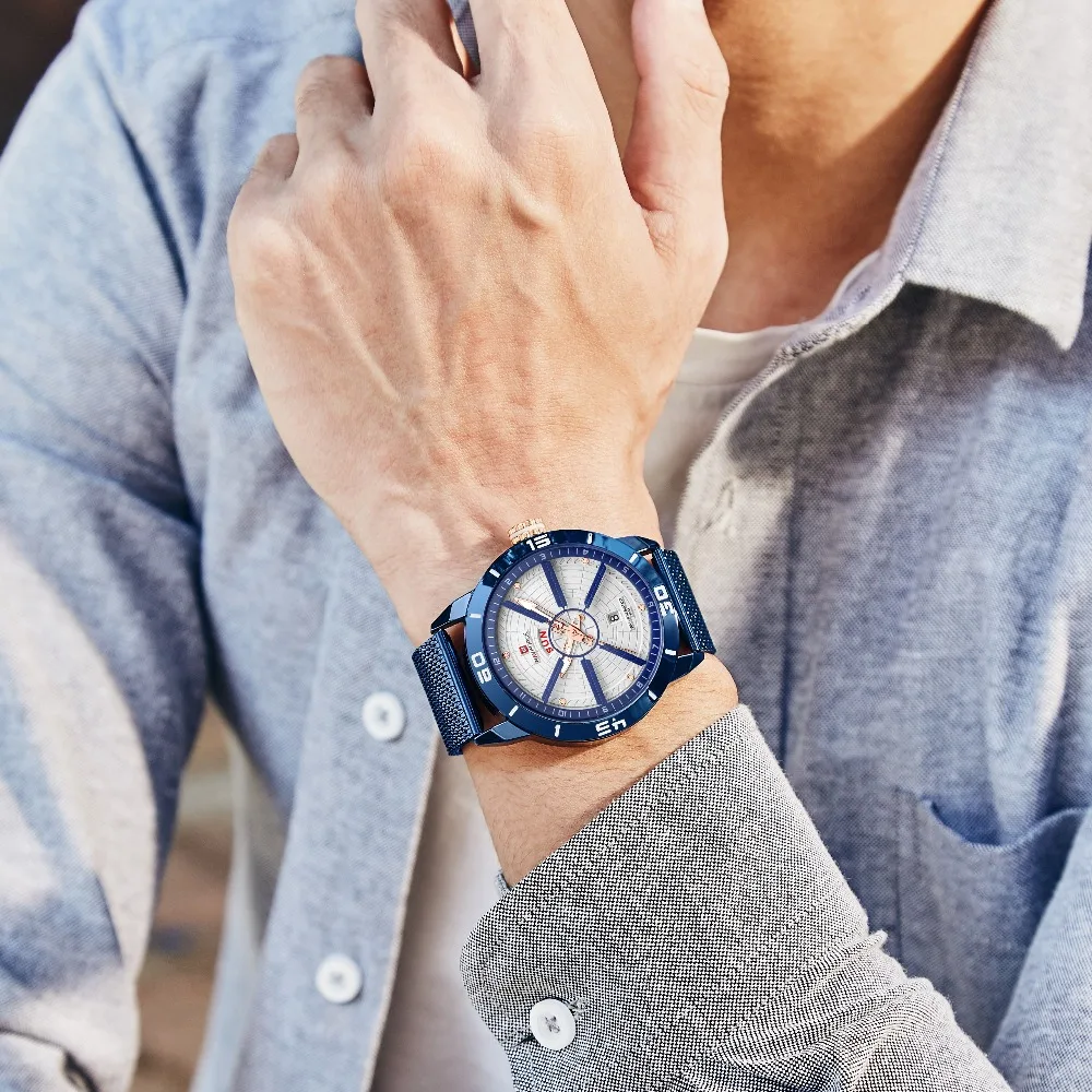 NAVIFORCE Модные Кварцевые спортивные часы Топ бренд Синий нержавеющая сталь повседневные водонепроницаемые наручные часы для мужчин часы Relogio Masculino