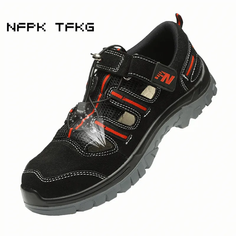 

men big size breathable steel toe covers work safety summer shoes cow suede leather anti-puncture building site sandals boots